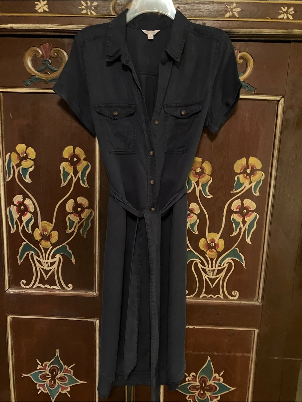 Short-Sleeve Navy Midi Shirt Dress with Tie Waist